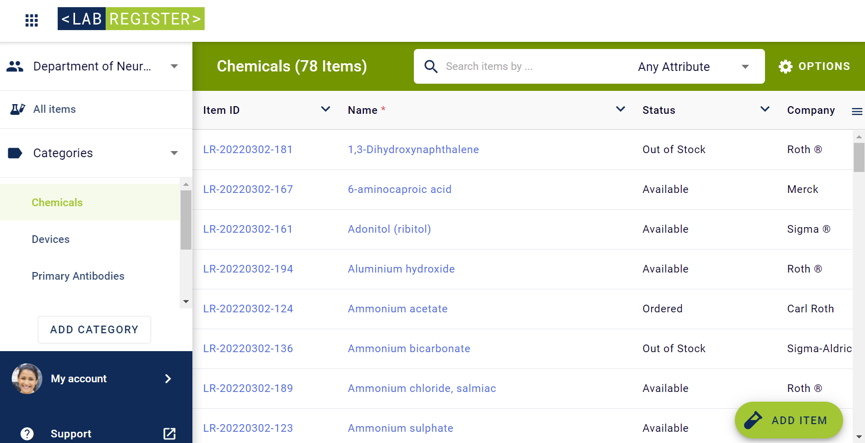 Tracking your lab inventory in Labregister, Labfolder's built in lab inventory management system